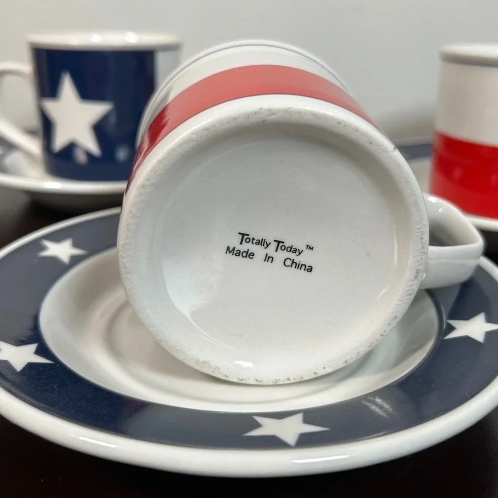 Set of 3 Texas Lone Star Cups & Saucers Patriotic Red White Blue Totally Today